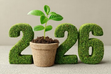 New growth for 2026: a green sprout in a pot between large numbers two and six