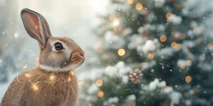 Hare amidst festive garlands near a fir-tree for New Year's celebration, holiday decor scene