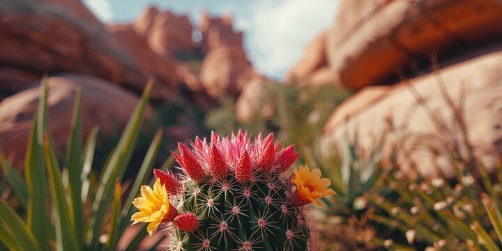 Vibrant cactus in red, yellow, and pink hues with rocky and leafy surroundings used as garden decor for spring or summer