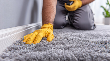 Worker checking soft carpet installation with glove