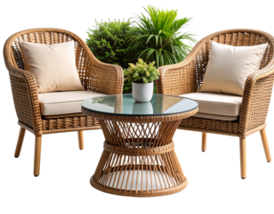 Modern Rattan Patio Set with Two Armchairs and Glass-Top Round Table, Front View, Isolated on Transparent Background