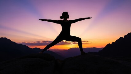 Fototapeta premium A woman in a yoga warrior pose silhouetted against a purple and orange sunset.