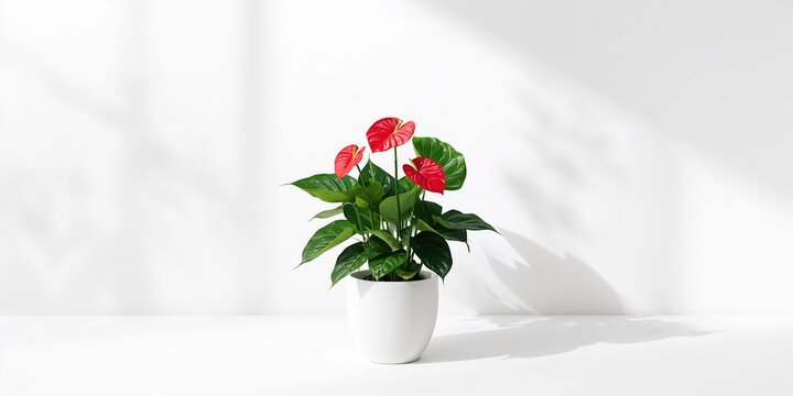 Anthurium in a white flowerpot, serving as a vibrant ornamental indoor plant, Earth Day