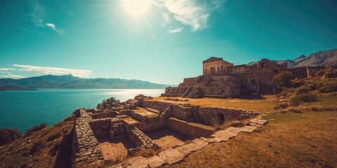 Ancient Chincana structures on Isla del Sol overlooking Lake Titicaca, cultural heritage