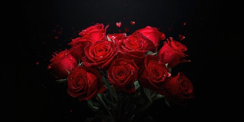 Red roses with heart-shaped petals arranged for Valentine's Day on a dark background, suitable for digital banners