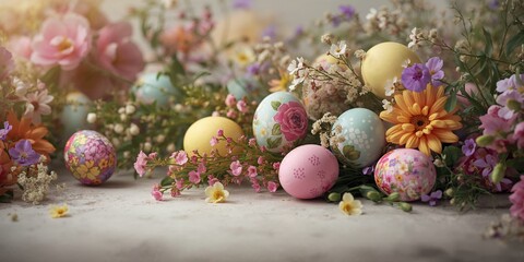 Easter-themed floral composition with spring blossoms for greeting card design