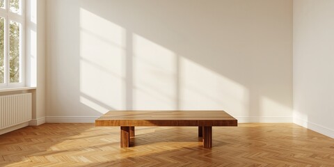 Fototapeta premium Empty wooden table and blank wall serving as a background for product placement, layout focus