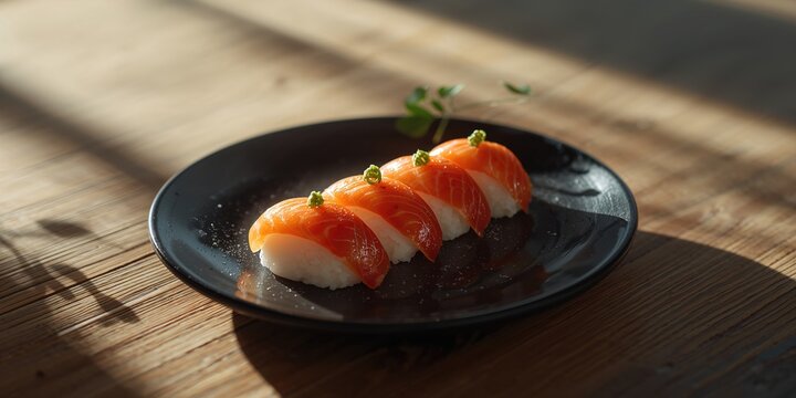 Japanese sushi nigiri with sliced raw fish atop seasoned rice, ideal for a culinary display