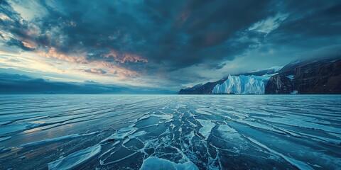 Fototapeta premium Frozen lake surface with intense weather clouds highlighting winter conditions, Earth Day
