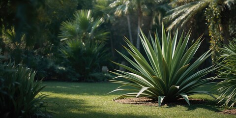 Large agave against garden greenery, highlighting xeriscaping techniques
