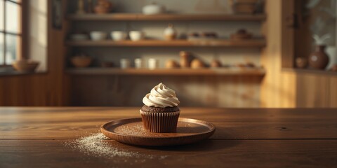 Cupcake placed on rustic wooden surface inside bakery, emphasizing artisanal baking techniques