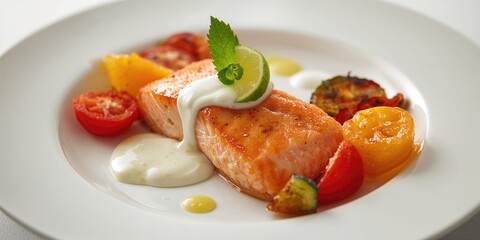 Salmon steak served with grilled vegetables and white sauce, suitable for a healthy protein-rich meal, World Food Day