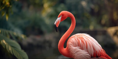 Fototapeta premium Pink flamingo resting on one leg in an outdoor zoo setting, highlighting bird behavior for educational display, International Day of Wildlife