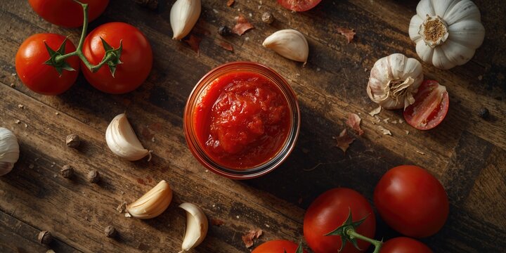 Container of tomato paste alongside ingredients on a rustic table, highlighting food processing techniques - Powered by Adobe