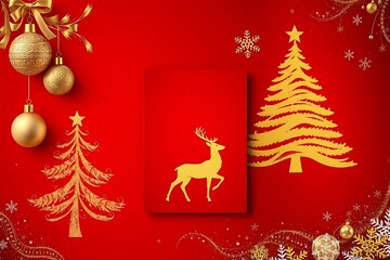 Naklejka premium christmas tree and reindeer on red background with gold decorations