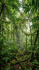 Obraz premium Lush Green Tropical Rainforest with Dense Vegetation and Mist