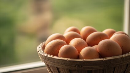 Fresh homemade chicken eggs in a basket with selective focus, highlighting farm-to-table food, nature, World Egg Day