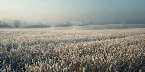 Frost-covered winter wheat, illustrating cold weather effects and seasonal transition