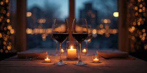 Nighttime candlelit dinner featuring two wine glasses, designed for romantic or formal occasions