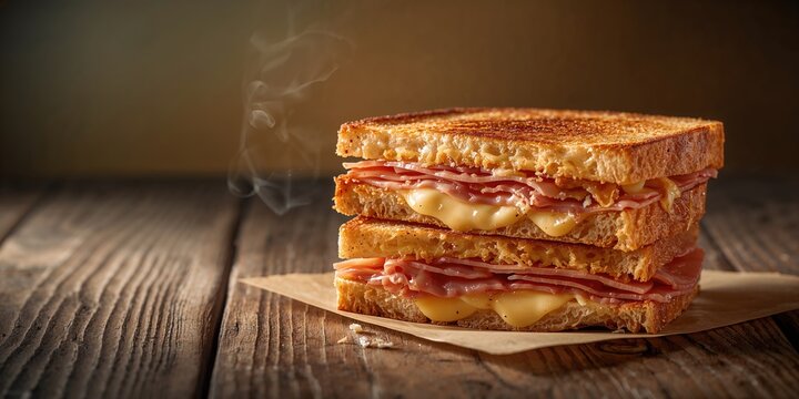 Toasted double panini with ham and cheese arranged on a wooden surface, meal presentation, World Sandwich Day