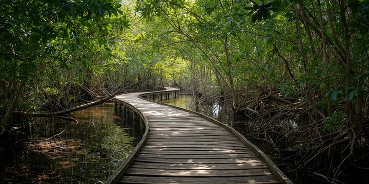 Wooden trail pathway through mangroves and swamp shrubs, ecological preservation