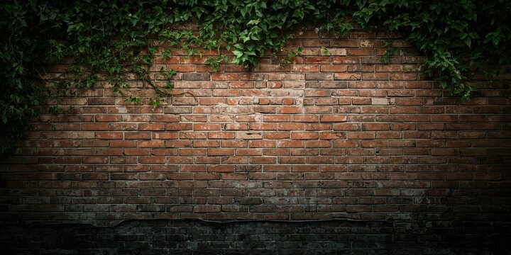 A weathered brick wall overgrown with plants, used as a nature-themed pattern or texture, Earth Day
