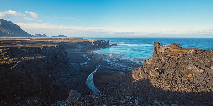 Hvalnes lava beach landscape, volcanic terrain used as a natural shoreline in east Iceland