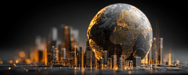 Global digital cityscape with glowing Earth globe and futuristic nighttime skyline