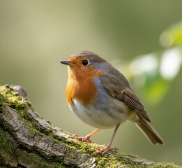 Fototapeta premium European robin bird perched on mossy tree branch