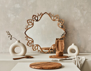  Obłe wazony, przedmioty o płynnych, asymetrycznych kształtach,lustro o nieregularnej ramie w odcieniu bieli i brązu na komodzie lub p&oacute;łce