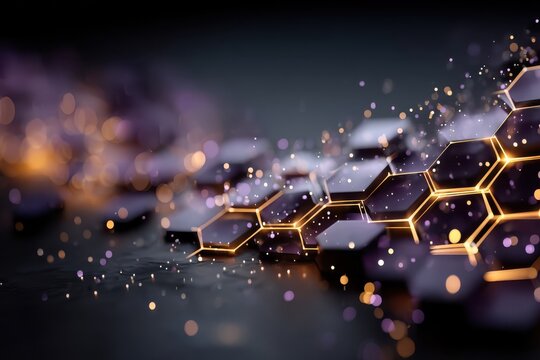 Futuristic hexagon network with glowing gold edges on a purple digital background for tech and abstract design - Powered by Adobe