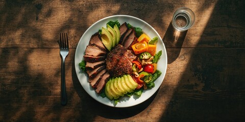 Healthy eating meal with avocado, sliced meat, olives, and fresh vegetables, suitable for a low-carb diet