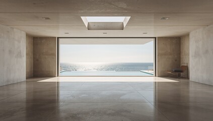 Obraz premium Contemporary coastal hotel interior with concrete flooring and ocean-facing swimming pool, ideal for interior layout planning