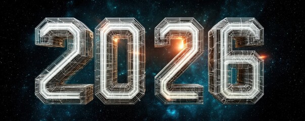 Futuristic metallic 2026 numbers in space with glass cube design and starlit glow for tech branding