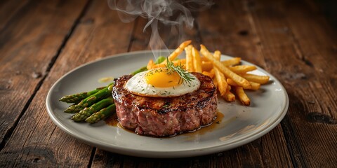 Cooked steak with asparagus and fried egg paired with crispy french fries, emphasizing meal composition and presentation