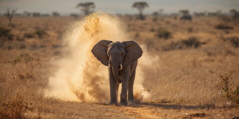 Juvenile African elephant engaging in dust bathing, a natural cooling and skin care activity