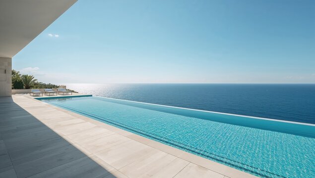Contemporary outdoor pool overlooking the sea, emphasizing leisure space and scenic surroundings
