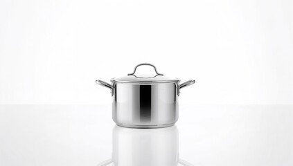 Metal cookware, steel pot with lid in a kitchen setting emphasizing utensil maintenance, white background