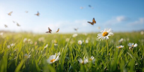 Springtime scene with blooming flowers and lush green grass in a botanical garden, seasonal renewal