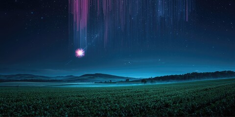 Landscape featuring meteors streaking across the sky, natural phenomena for environmental awareness