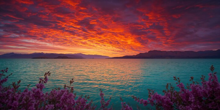 Titicaca Lake sunset featuring a vibrant red sky and dramatic cloud formations, landscape scene - Powered by Adobe