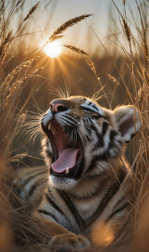 G&auml;hnendes Tigerjunges im goldenen Savannengras bei Sonnenaufgang mit filmischem Licht