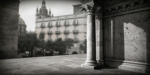 Historic black and white photo of Barcelona streets with architectural details and gypsum stucco moldings, urban maintenance