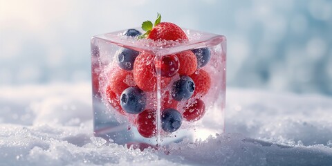 Red berries encased in ice, highlighting natural preservation, winter setting, icy landscape