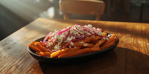 Sweet potato fries topped with feta and red onion presented on a black oval plate, highlighting plant-based ingredients, International Vegetarian Day