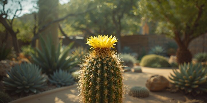 Yellow flower blooming on cactus in a garden setting, emphasizing plant growth and natural environment