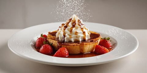 Dessert with whipped cream and honey drizzled on top, highlighting indulgence and flavor, suitable for food styling