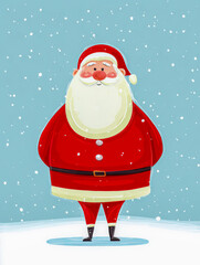 Classic Santa Claus portrait on blue backdrop with falling snow, red winter outfit and boots, friendly expression, simple composition, professional holiday artwork, bright seasonal atmosphere.