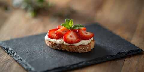 Plant-based breakfast featuring strawberry, cream cheese, and mint leaf on toast served on a slate platter, breakfast presentation