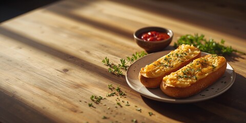 Cheesy garlic bread resting on a rustic wood board, baked comfort, National Baking Week